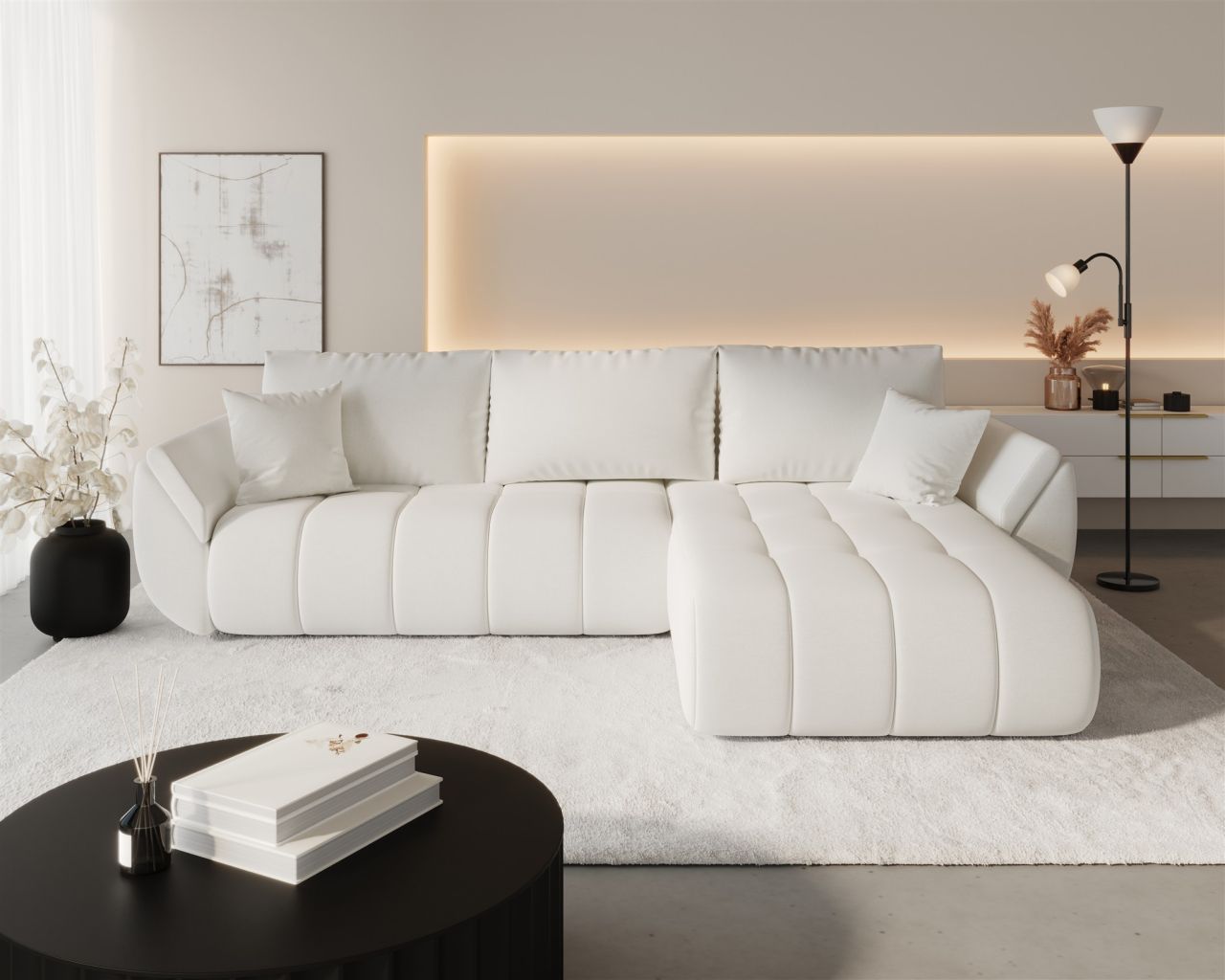 Ecksofa Schlafsofa MISATO Stoff Wind Altweiß Ottomane Rechts