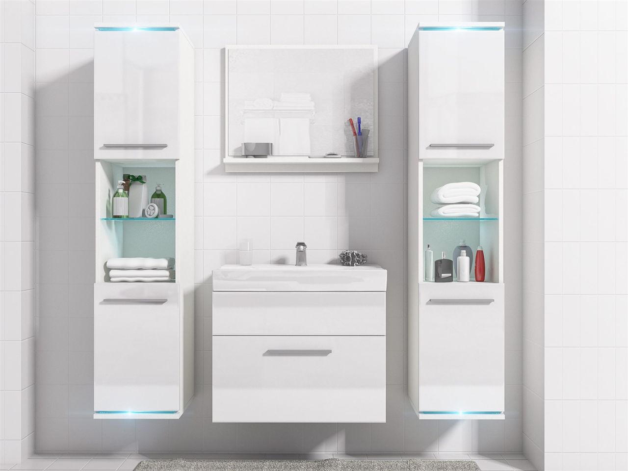 Badmöbel Set 5-Tlg Weiss Hochglanz TOPLINE inkl.Waschtisch