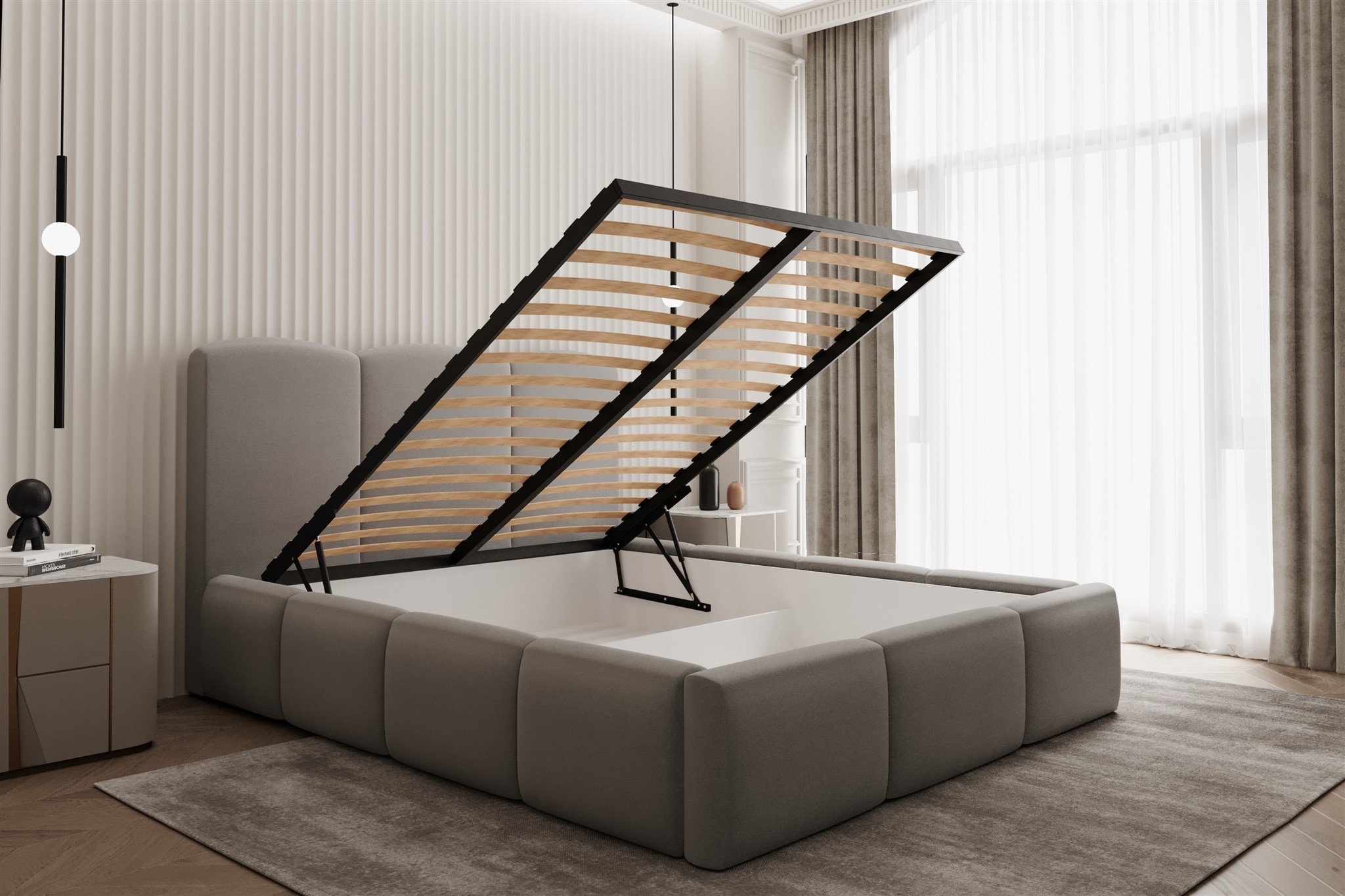 Polsterbett Doppelbett DUNIA Komplettset in Stoff Opera Velvet Hellgrau ...
