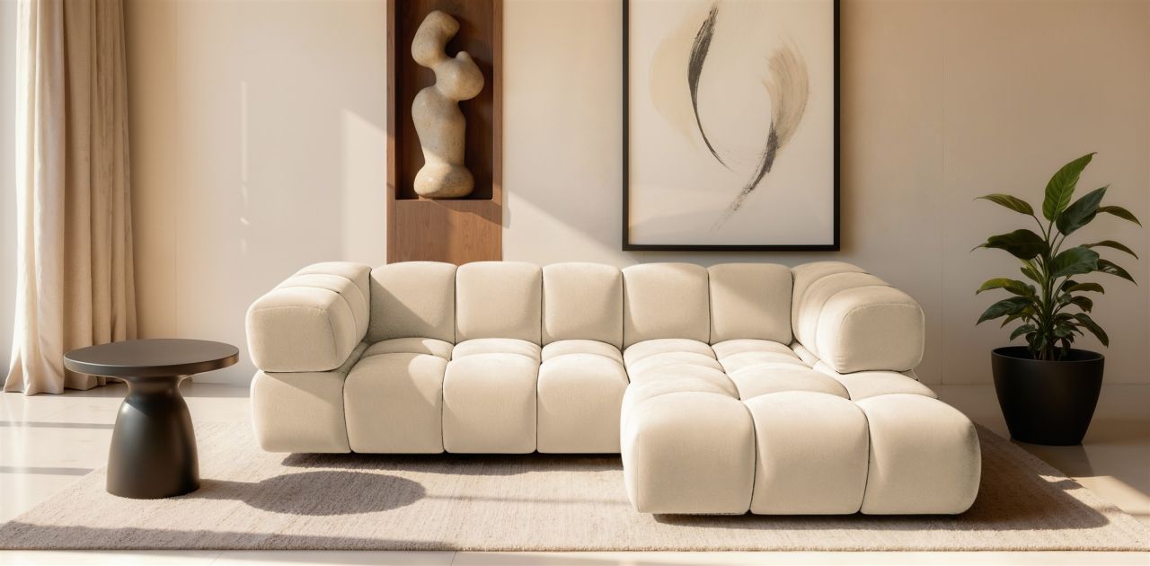 Ecksofa ersofa BLANCHE in Stoff Bluvel Creme Ottomane Rechts