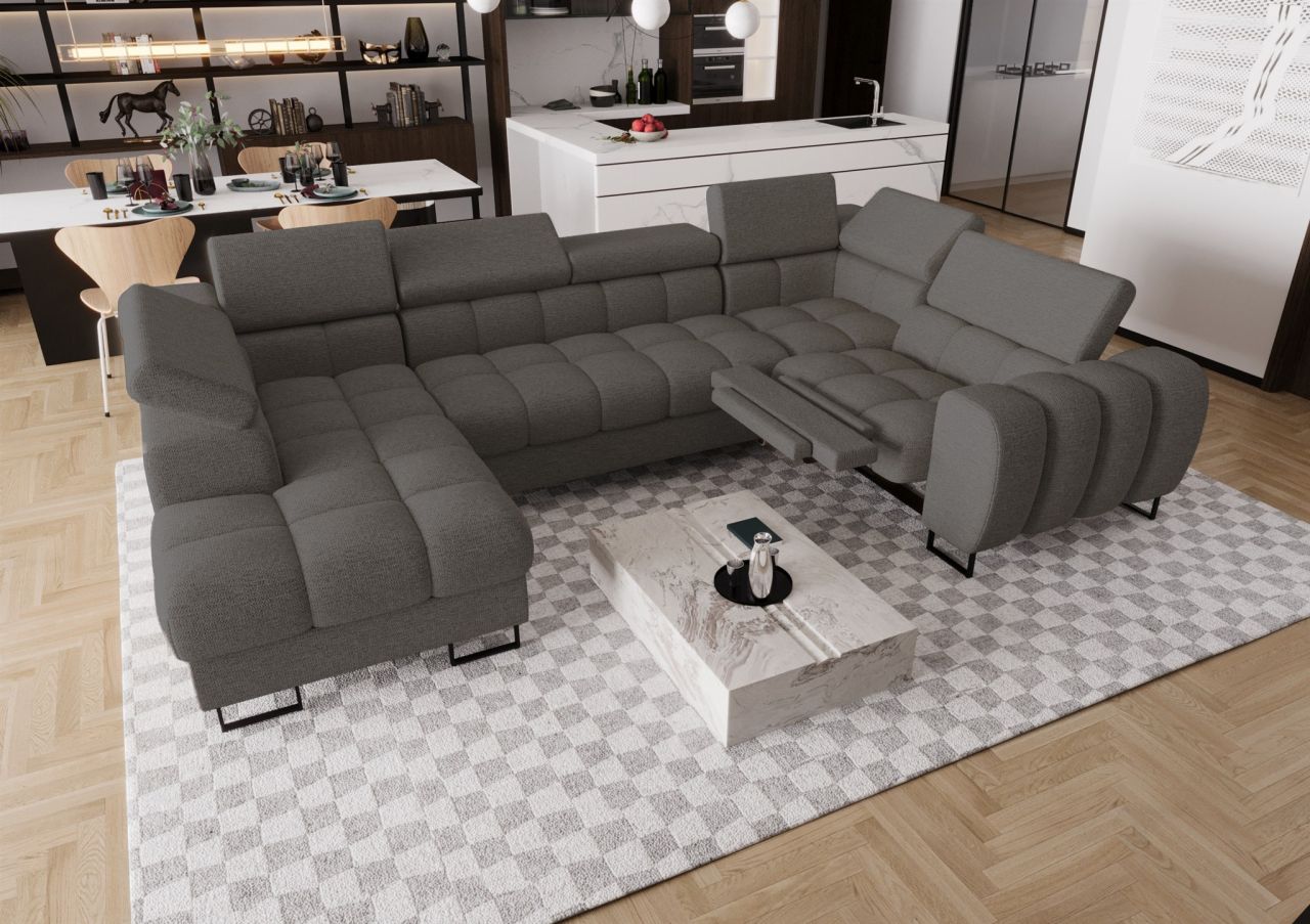 Wohnlandschaft Schlafsofa BASTIEN RELAX in Stoff Aragon Dunkelgrau Ottomane L...