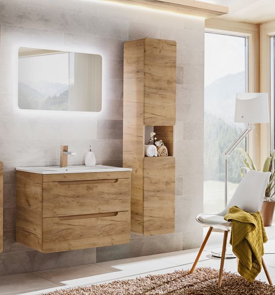 Badmöbel Set 3-tlg Badezimmerset FERMO Gold Eiche inkl.Waschtisch 80cm | FERMO | Badkombination / Modern | Badmöbel