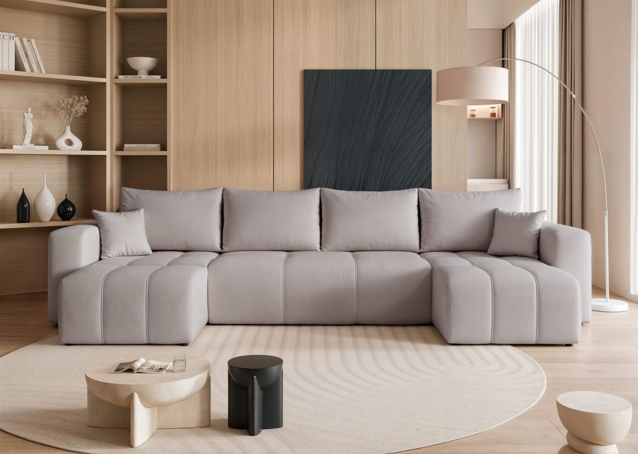 Wohnlandschaft mit Schlaffunktion Sofa LEROS in Stoff Manila Hellgrau