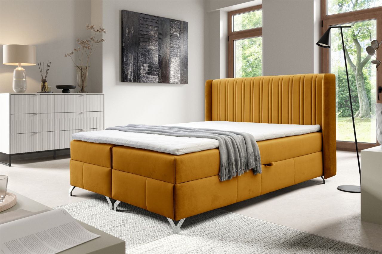 Boxspringbett Schlafzimmerbett DAMIEN 140x200cm Stoff Salvador Honiggelb