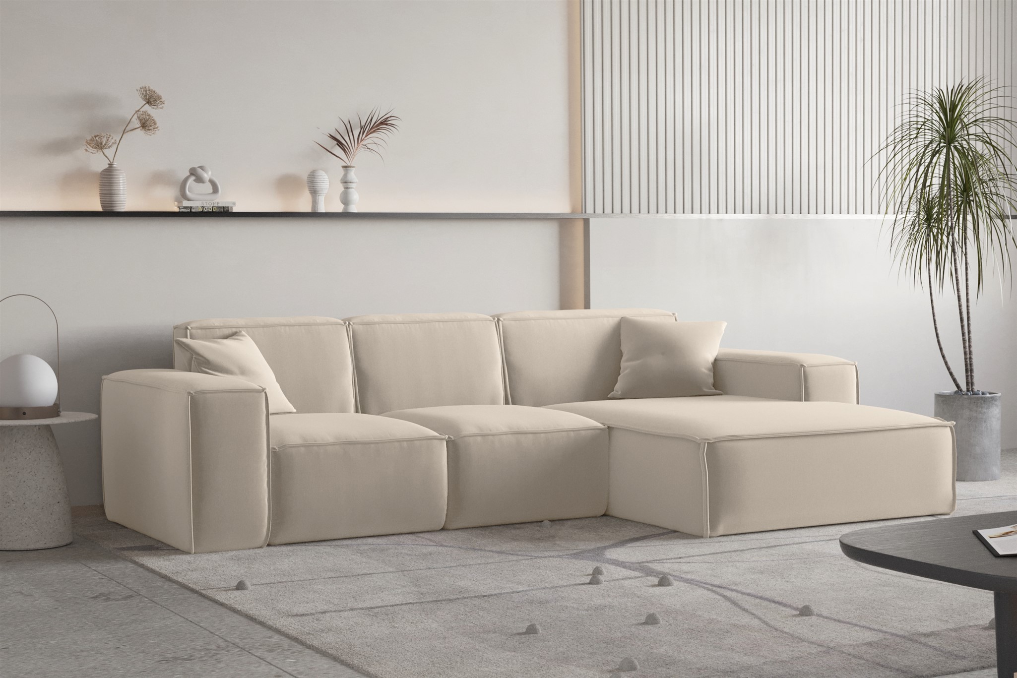 Ecksofa Designersofa CELES PREMIUM Stoff Opera Velvet Beige Ottomane Rechts | Ottomane: Rechts | Ecksofas ohne Schlaffunktion | Polstermöbel
