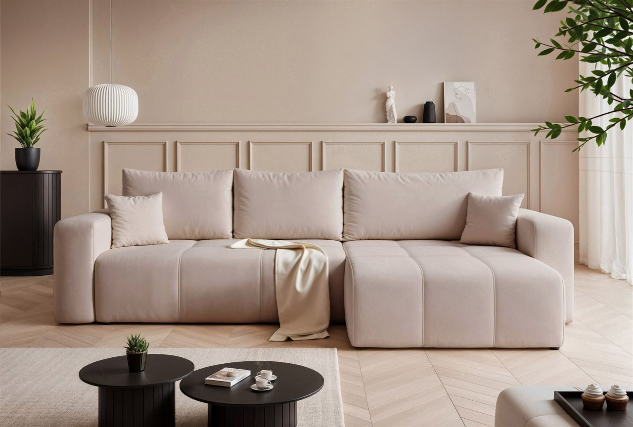 Ecksofa Schlafsofa Sofa LEROS in Stoff Manila Beige Ottomane Rechts
