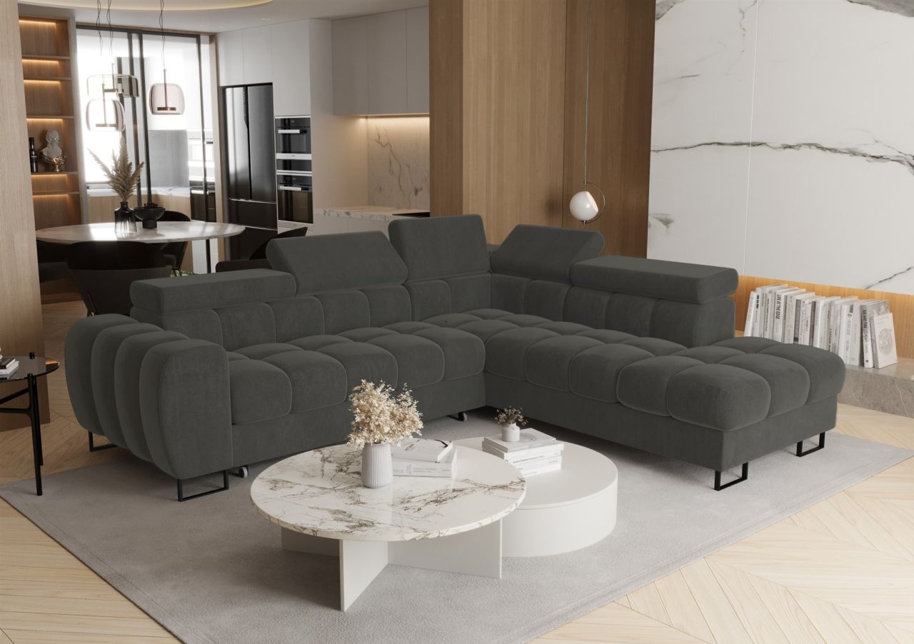 Ecksofa Schlafsofa BASTIEN MAX in Stoff Terra Dunkelgrau Ottomane Rechts