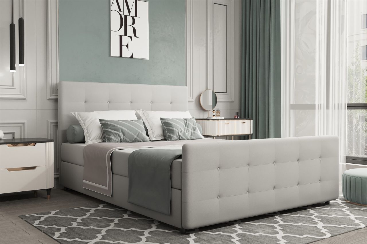 Boxspringbett Schlafzimmerbett MARKOS 140x200cm Stoff Soro Hellgrau inkl. Bet...