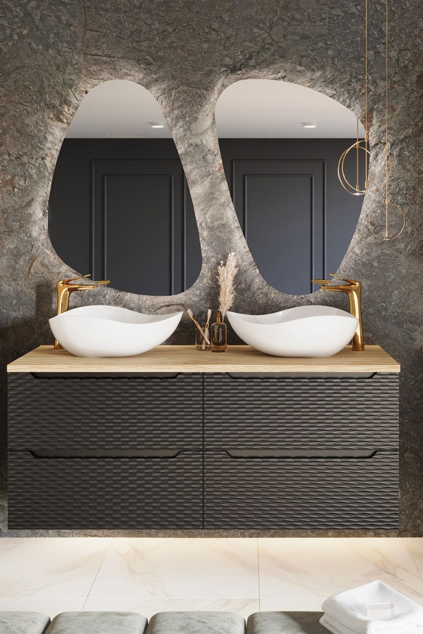 Badmöbel Set 6-tlg Badezimmerset LAXY Eiche Schwarz inkl. Waschtisch