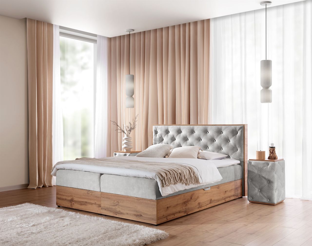 Boxspringbett Schlafzimmerbett MAXIMO 200x220cm in Stoff Torre Hellgrau