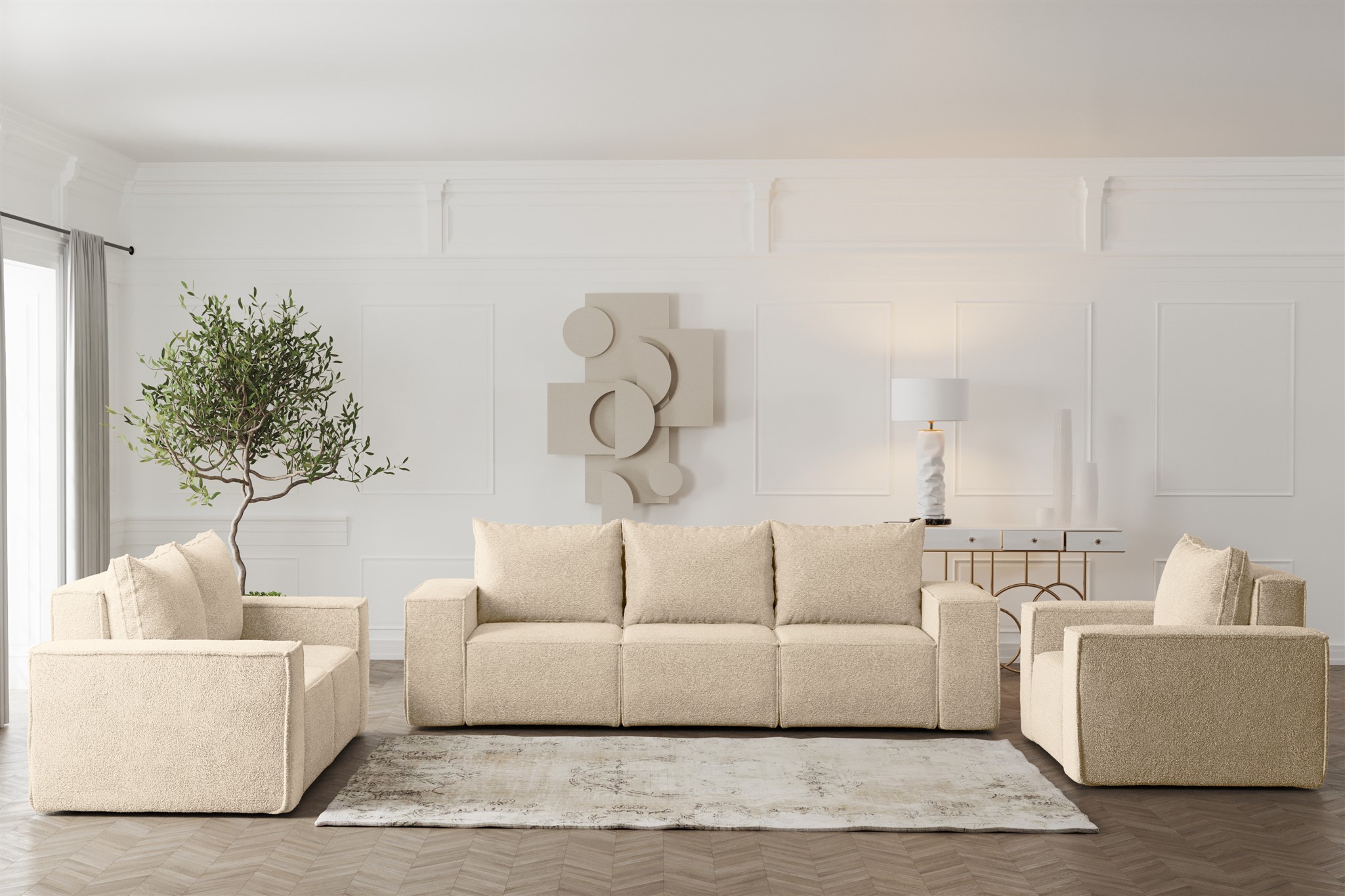 Sofaset Designersofa ESTELLE 3-2-1 mit Schlaffunktion Stoff Abriamo Beige | Sofaset mit Schlaffunktion | Serie-ESTELLE | Polstermöbel-Serie