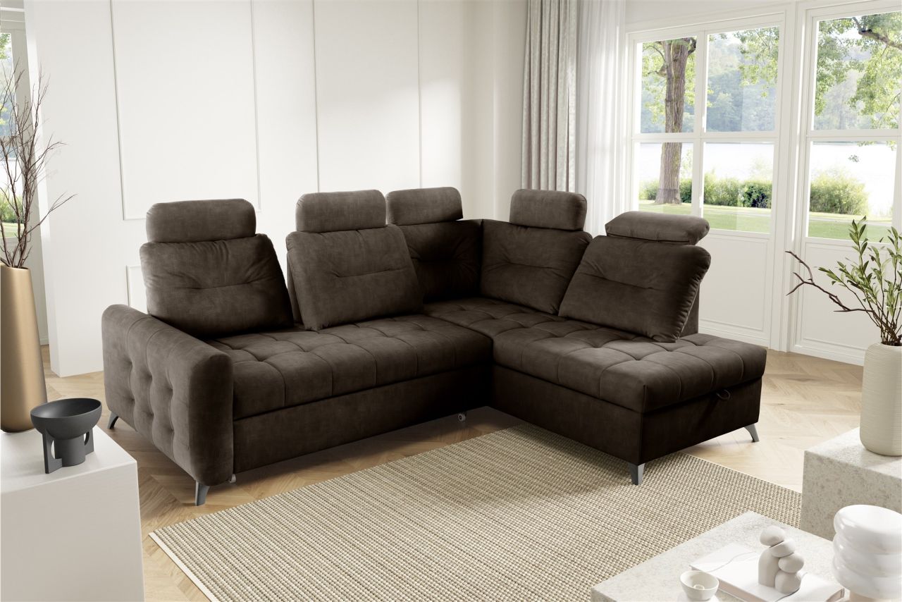 Ecksofa Schlafsofa Sofa WENDIE Stoff Hold Me Dunkelbraun Ottomane Rechts