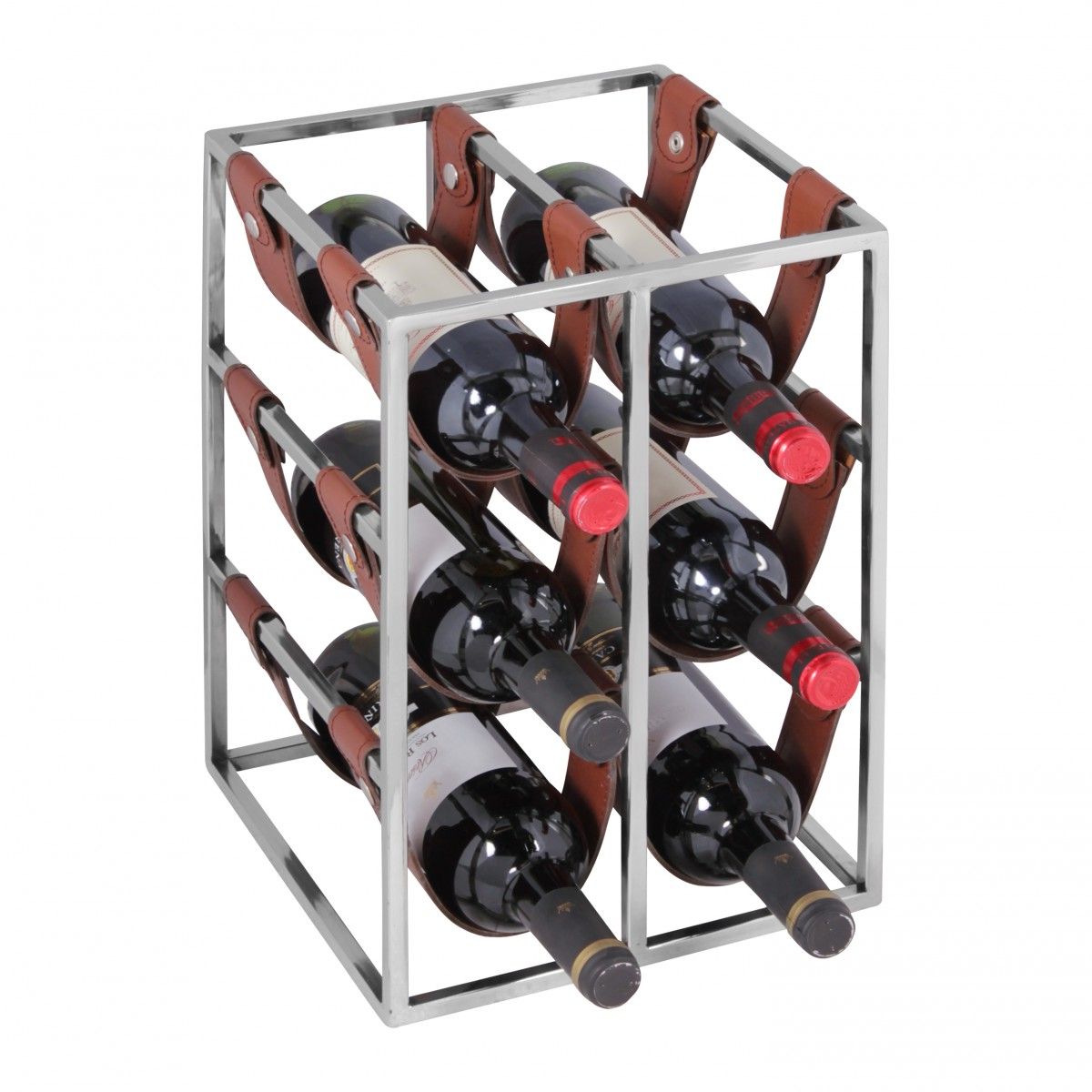 Weinregal  38,5 cm für 6 Flaschen Alu Silber mit Lederschlaufen