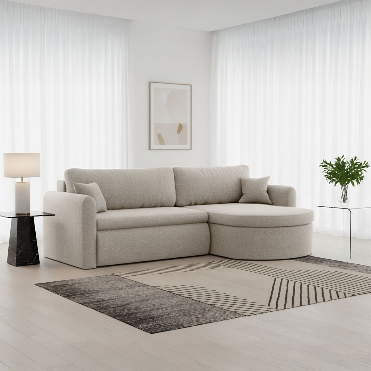 Ecksofa Schlafsofa FELIZ Stoff Faro Beige Ottomane Rechts