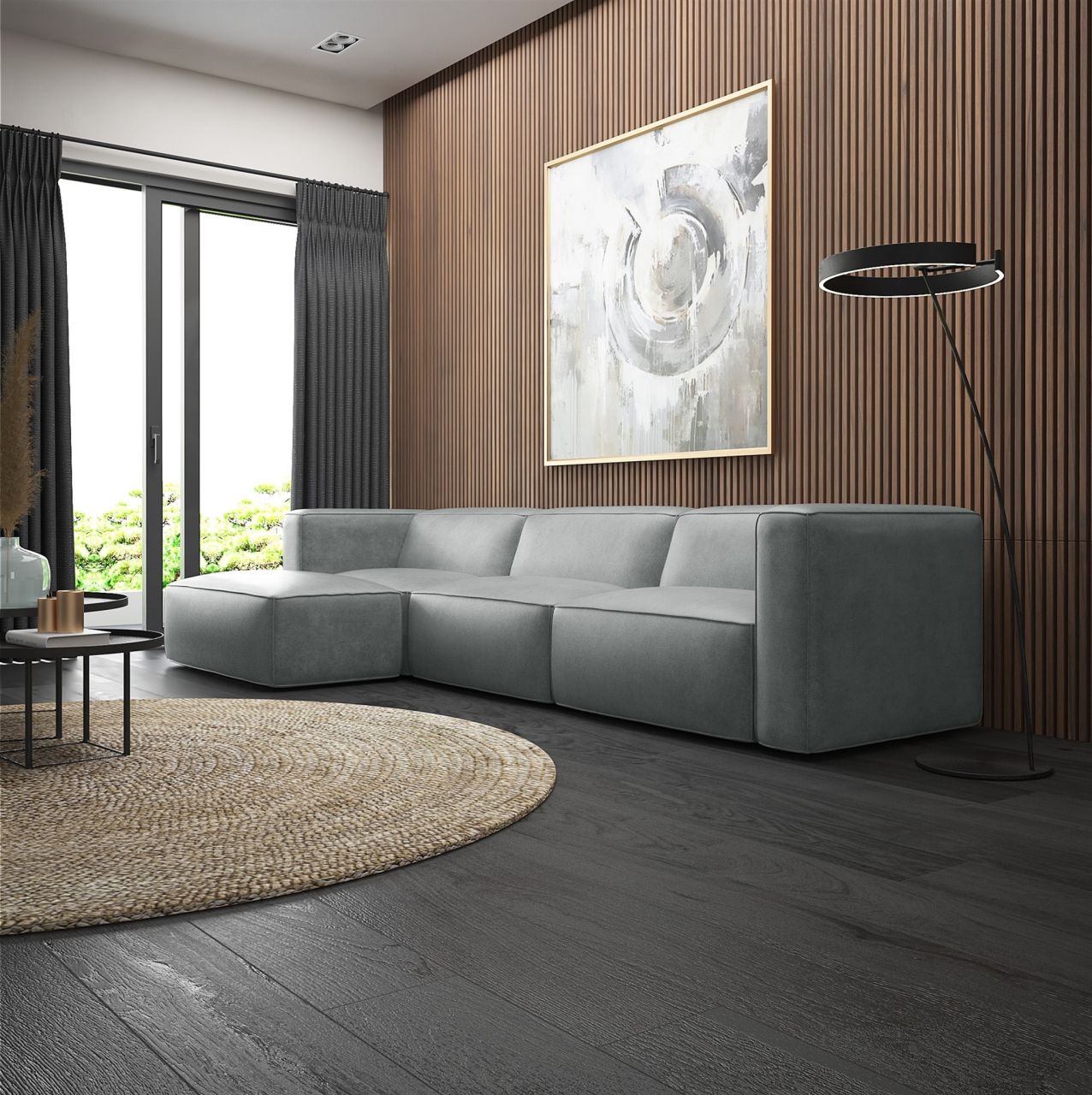 Ecksofa ersofa Sofa HELMER in Stoff Pola Hellgrau Ottomane Links