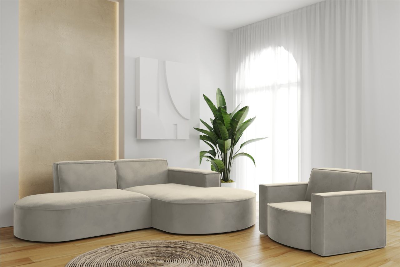 Sofa Set 2-teilig Sessel und Ecksofa PALMA XS Stoff Opera Pearl Ottomane Rechts