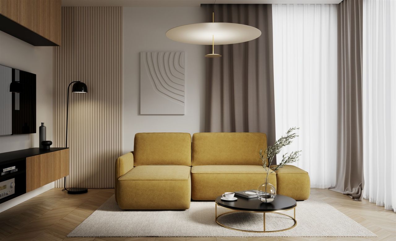 Ecksofa mit Schlaffunktion Sofa LUKA in Stoff Cremona Honiggelb Ottomane Links