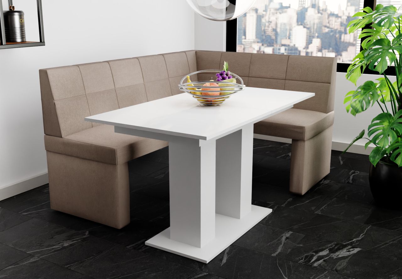 Eckbankgruppe 196x142 cm BLAKE XL L Stoff Soro Taupe / Esstisch DANTE Weiß