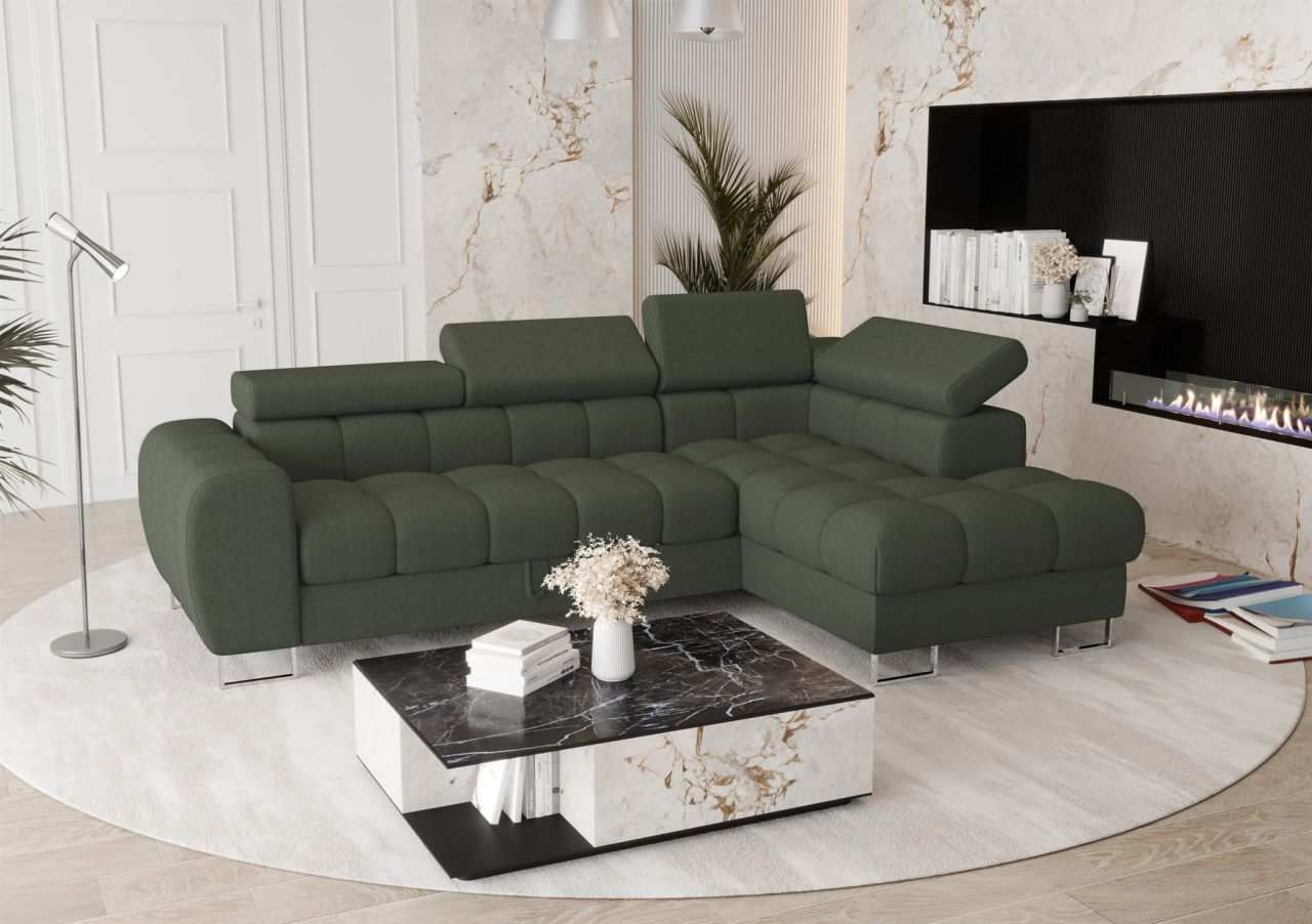 Ecksofa Schlafsofa BASTIEN in Stoff Gemma Dunkelgrün Ottomane Rechts