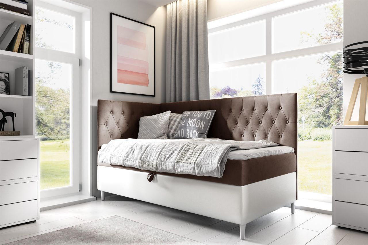 Boxspringbett Gästebett Kinderbett FINJA Nr.3 90x200cm Weiss-Braun Seite Links