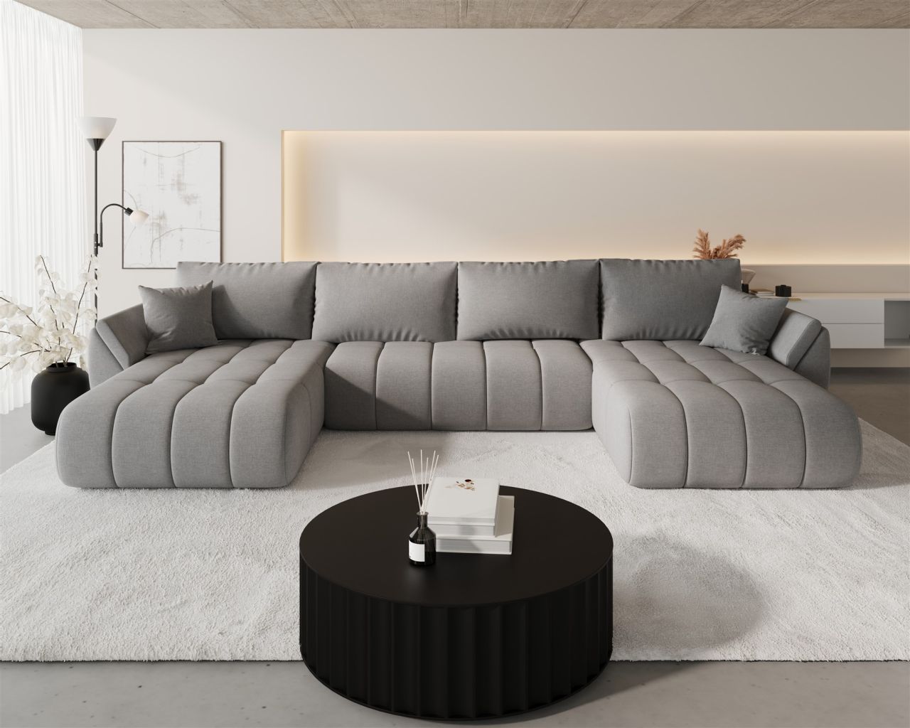 Wohnlandschaft Sofa mit Schlaffunktion MISATO Stoff Wind Graubraun