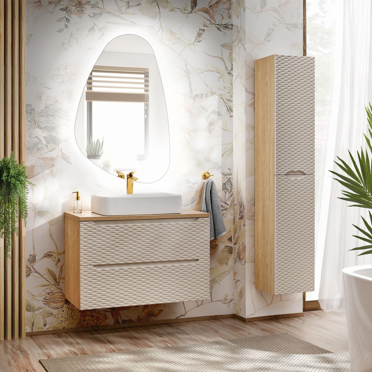 Badmöbel Set 4-tlg Badezimmerset LAXY Eiche Beige inkl. Waschtisch