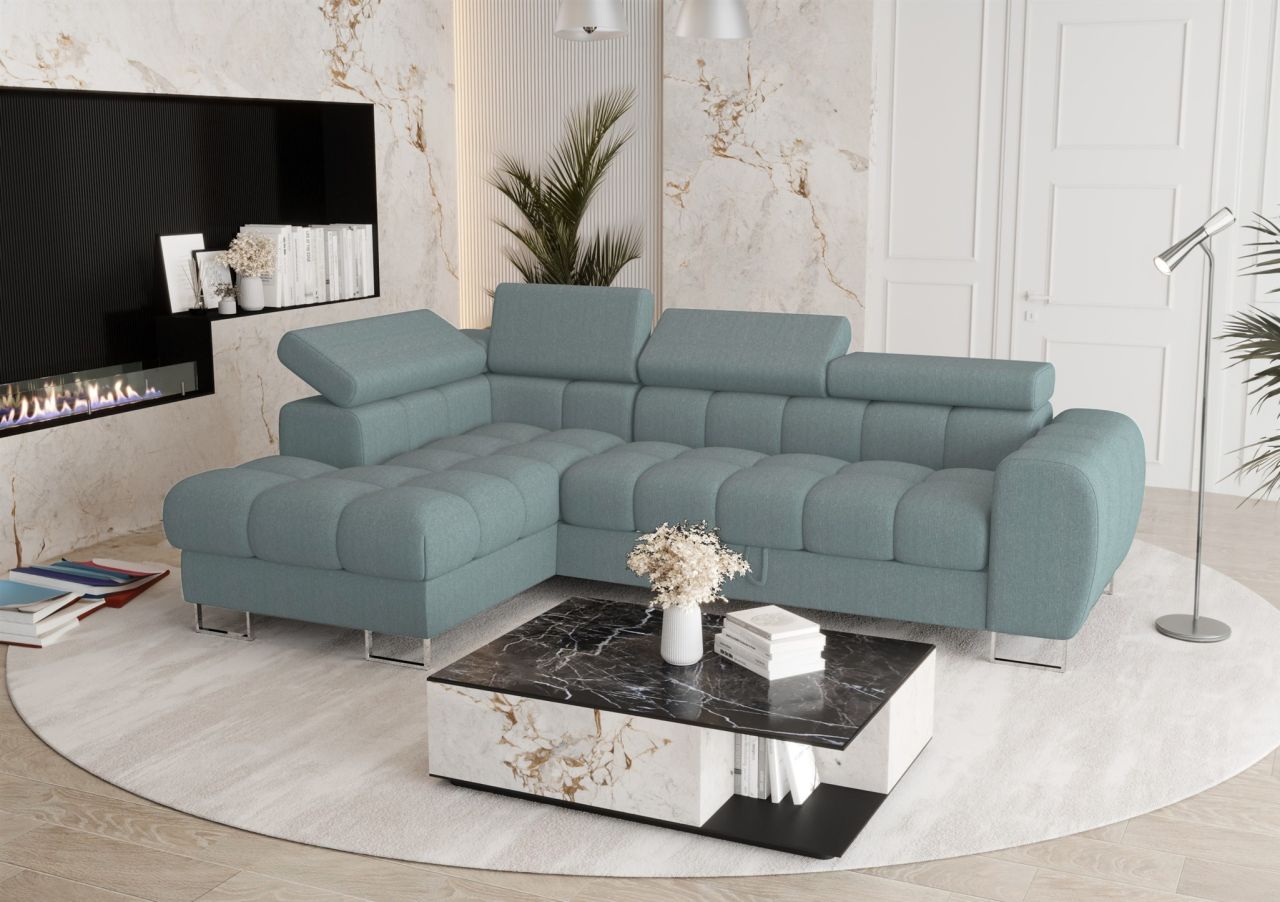 Ecksofa Schlafsofa BASTIEN in Stoff Gemma Türkis Ottomane Links