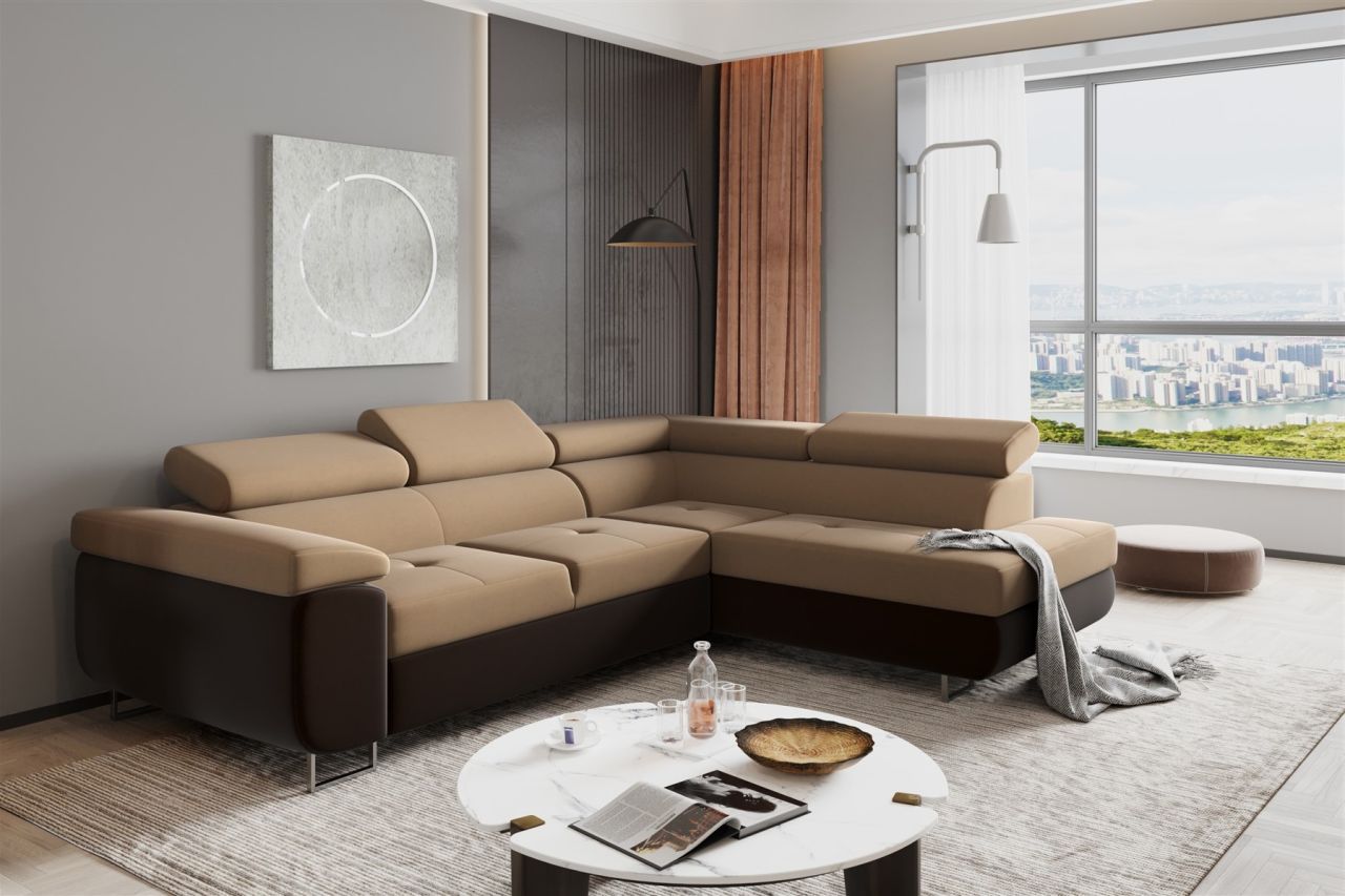 Couchgarnitur JADE Stoff Dunkelbraun-Cappuccino Schlaffunktion Ottomane Rechts