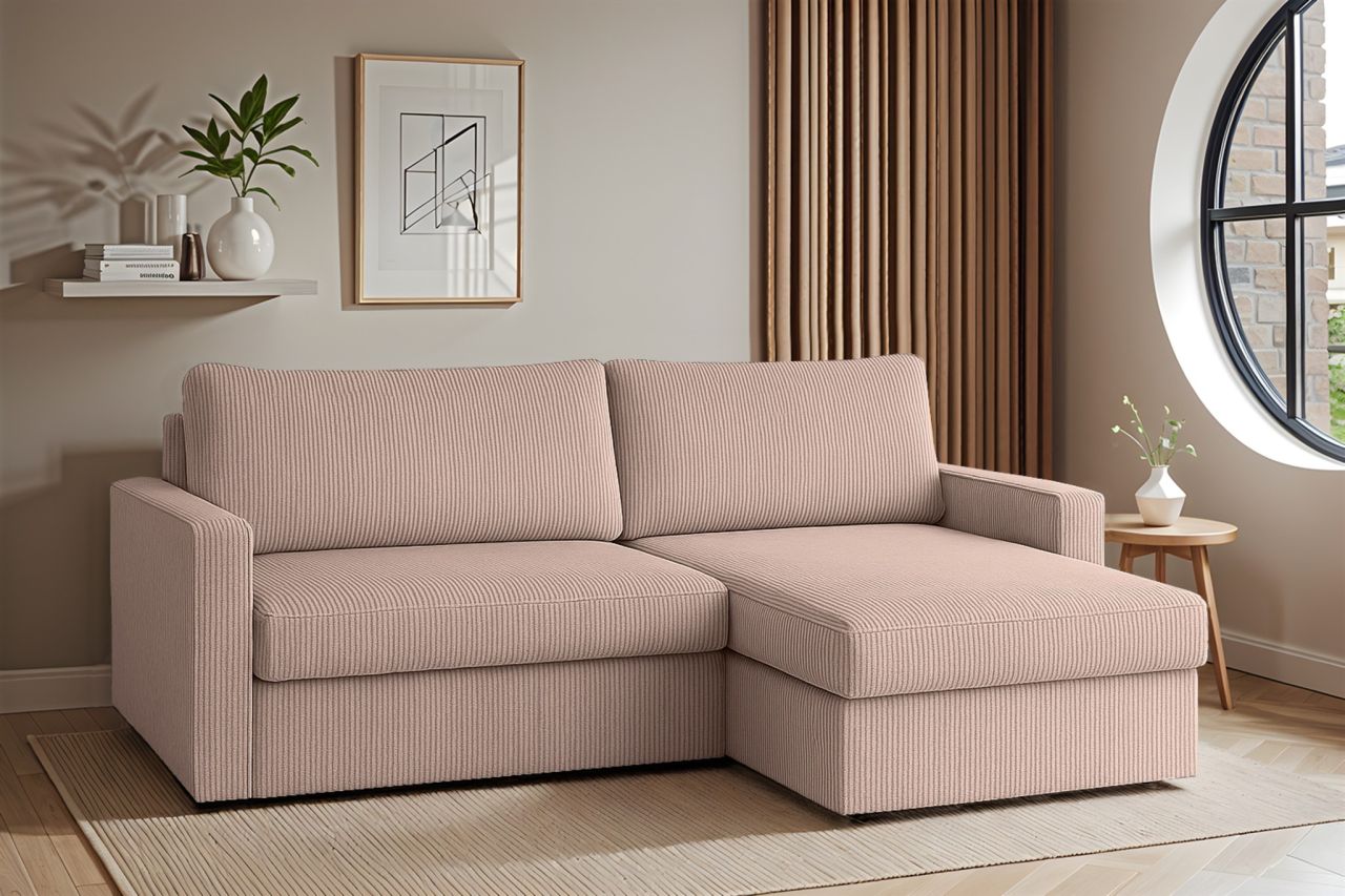 Ecksofa Sofa mit Schlaffunktion BENDIK Stoff Poso Aprikose Ottomane Rechts