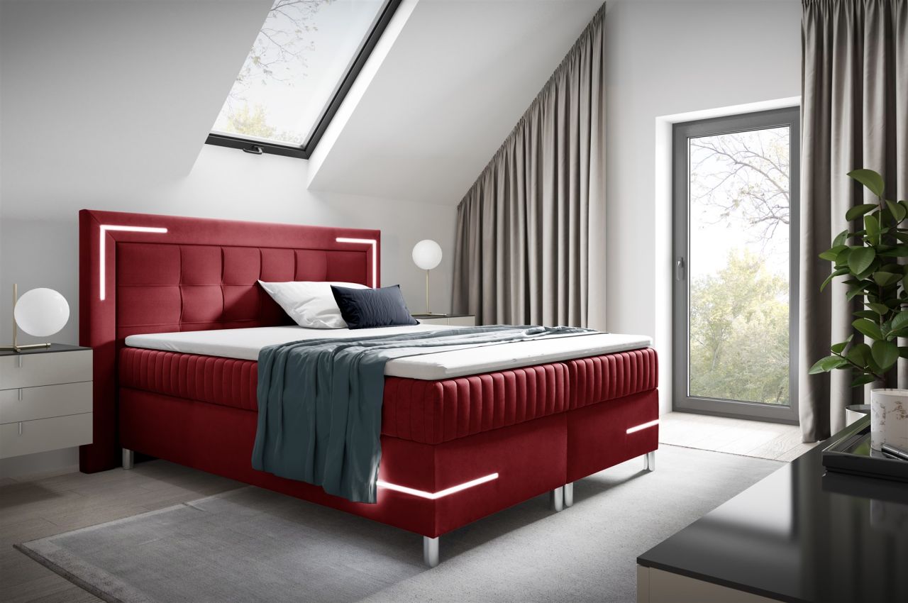 Boxspringbett Schlafzimmerbett 140x200cm AMORE Nr.2 Rot inkl. LED-Beleuchtung