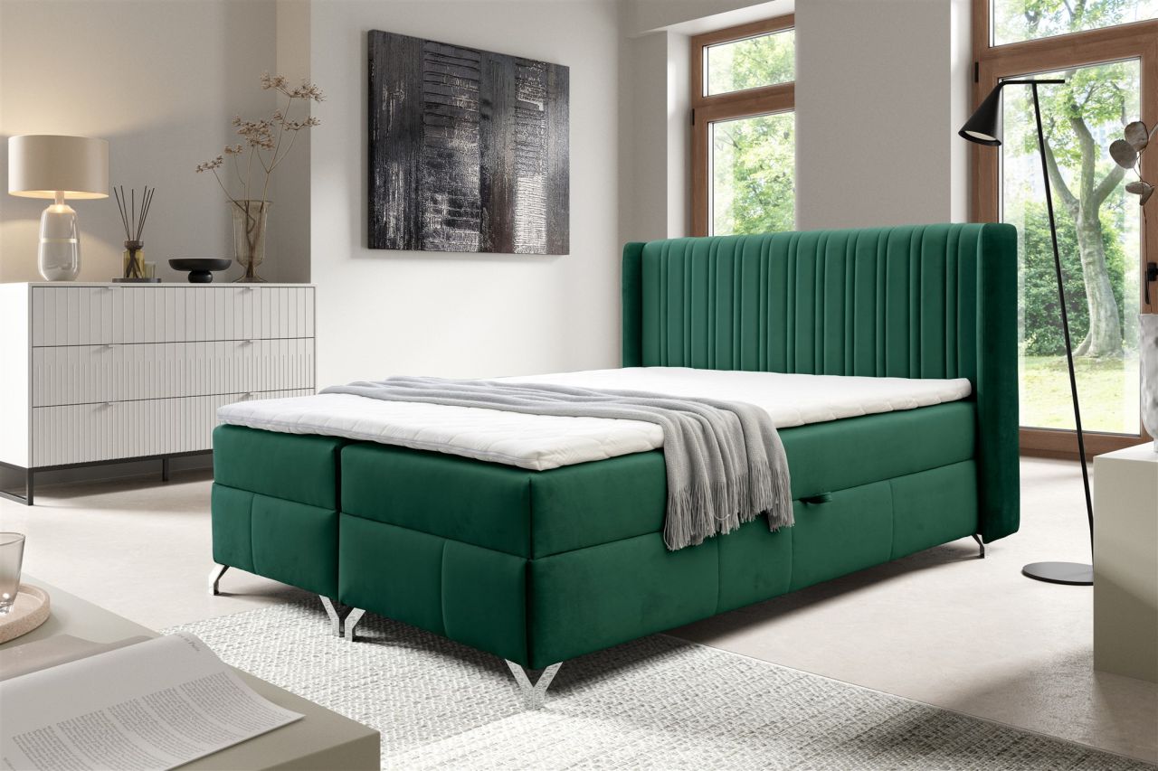 Boxspringbett Schlafzimmerbett DAMIEN 140x200cm Stoff Salvador Flaschengrün