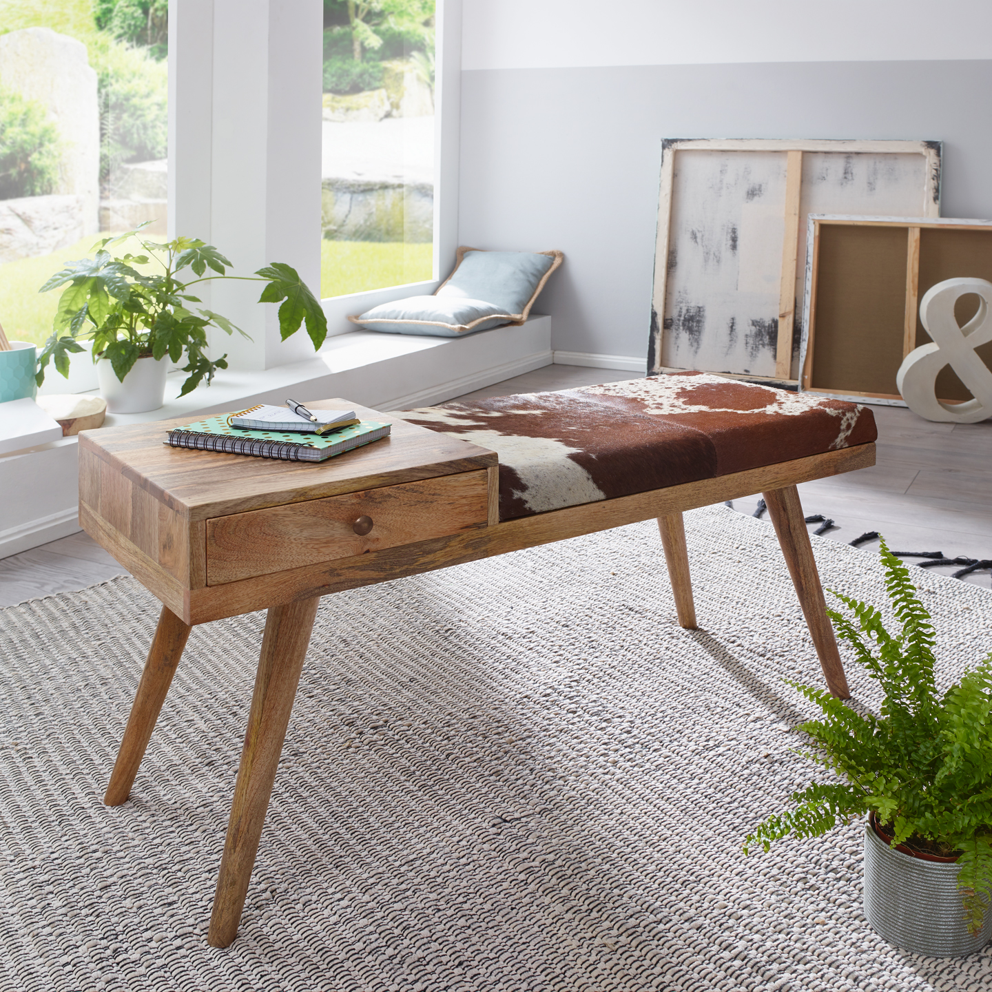 Sitzbank Polsterbank Bank SABO Massivholz Braun- Weiss 110x38x52cm | Sitzbänke & Hocker | Polstermöbel