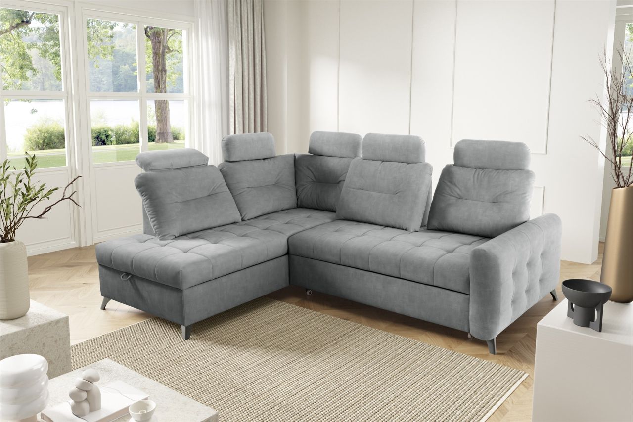 Ecksofa Schlafsofa Sofa WENDIE Stoff Hold Me Grau Ottomane Links