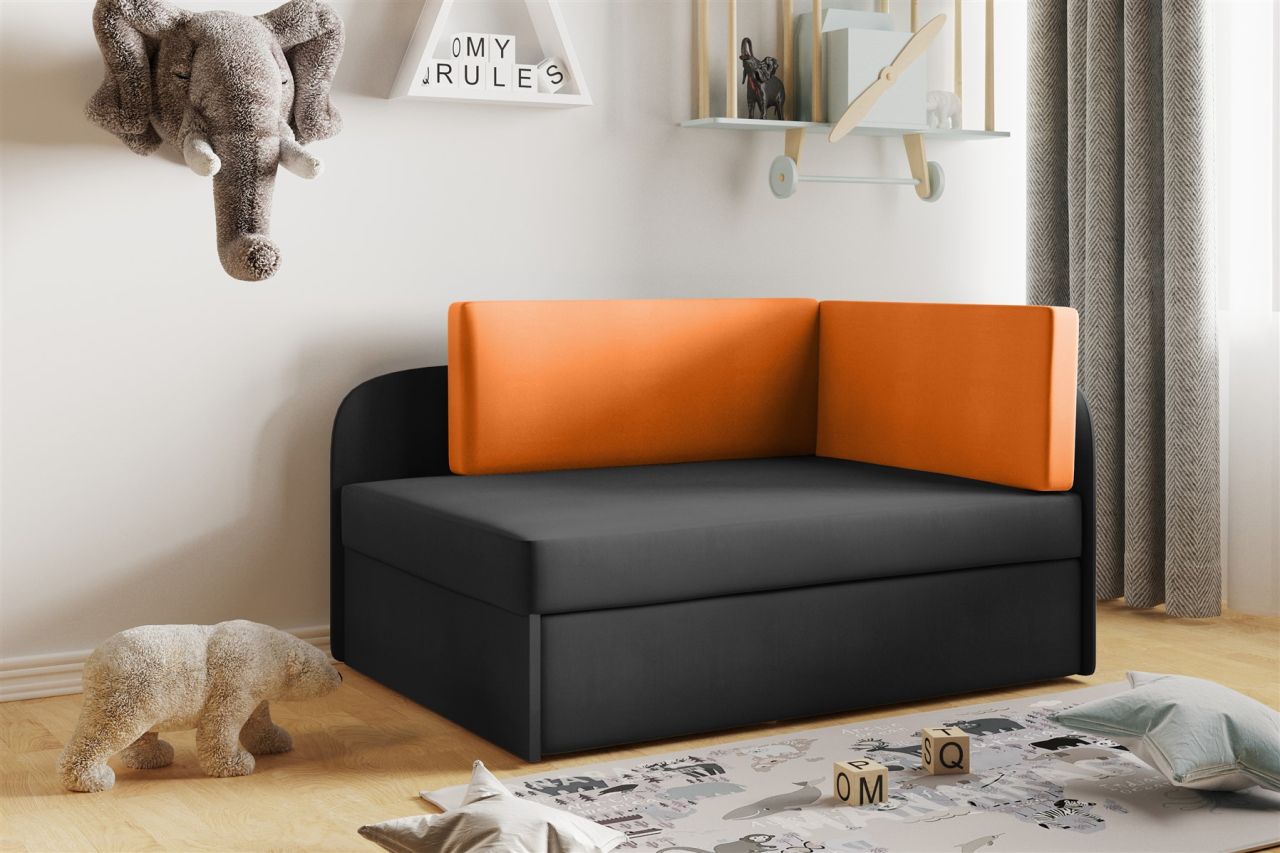 Sofa Kindersofa Schlafsofa inkl. Bettkasten MAILO Seite Links Stoff Schwarz-O...