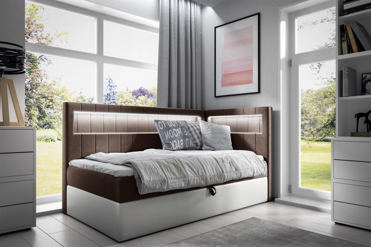 Boxspringbett Gästebett Kinderbett FABIAN Nr.3 100x200cm Weiss-Braun Seite Re...