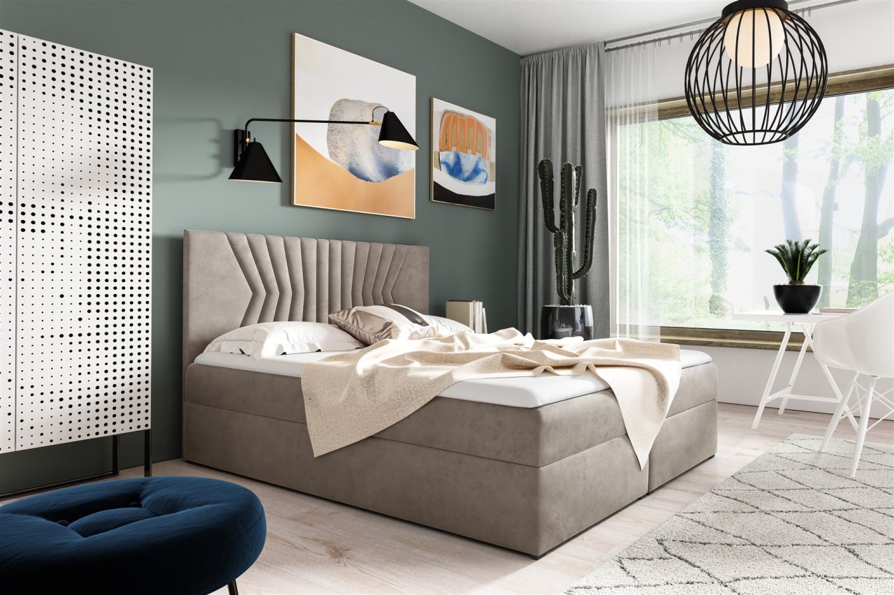 Boxspringbett Schlafzimmerbett 120x200cm LAZARO Nr.2 Ecru inkl. Bettkasten