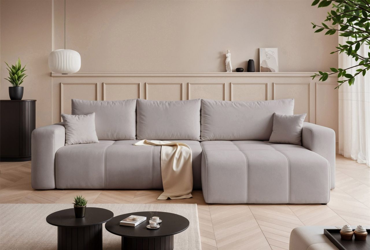 Ecksofa Schlafsofa Sofa LEROS in Stoff Manila Hellgrau Ottomane Rechts