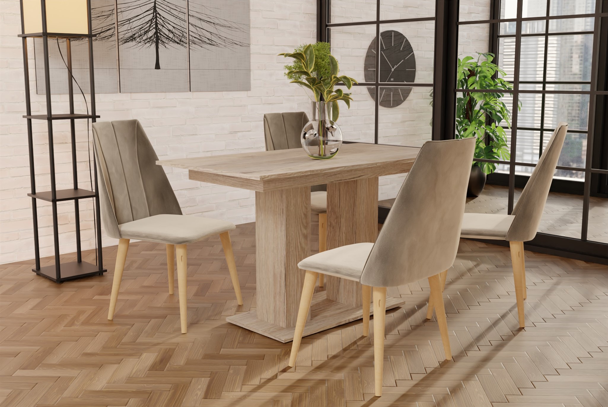 Essgruppe Sonoma matt-Tisch mit 4 Creme CAROS Stühlen für Esszimmer, Küche | Esstisch mit Stühlen | Essgruppen | Wohn-& Essbereich