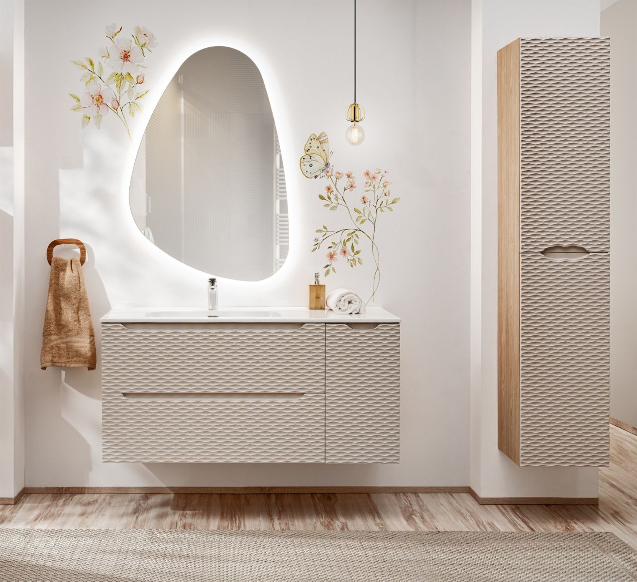 Badmöbel Set 4-tlg Badezimmerset LAXY Eiche Beige Regal rechts inkl. Waschtisch