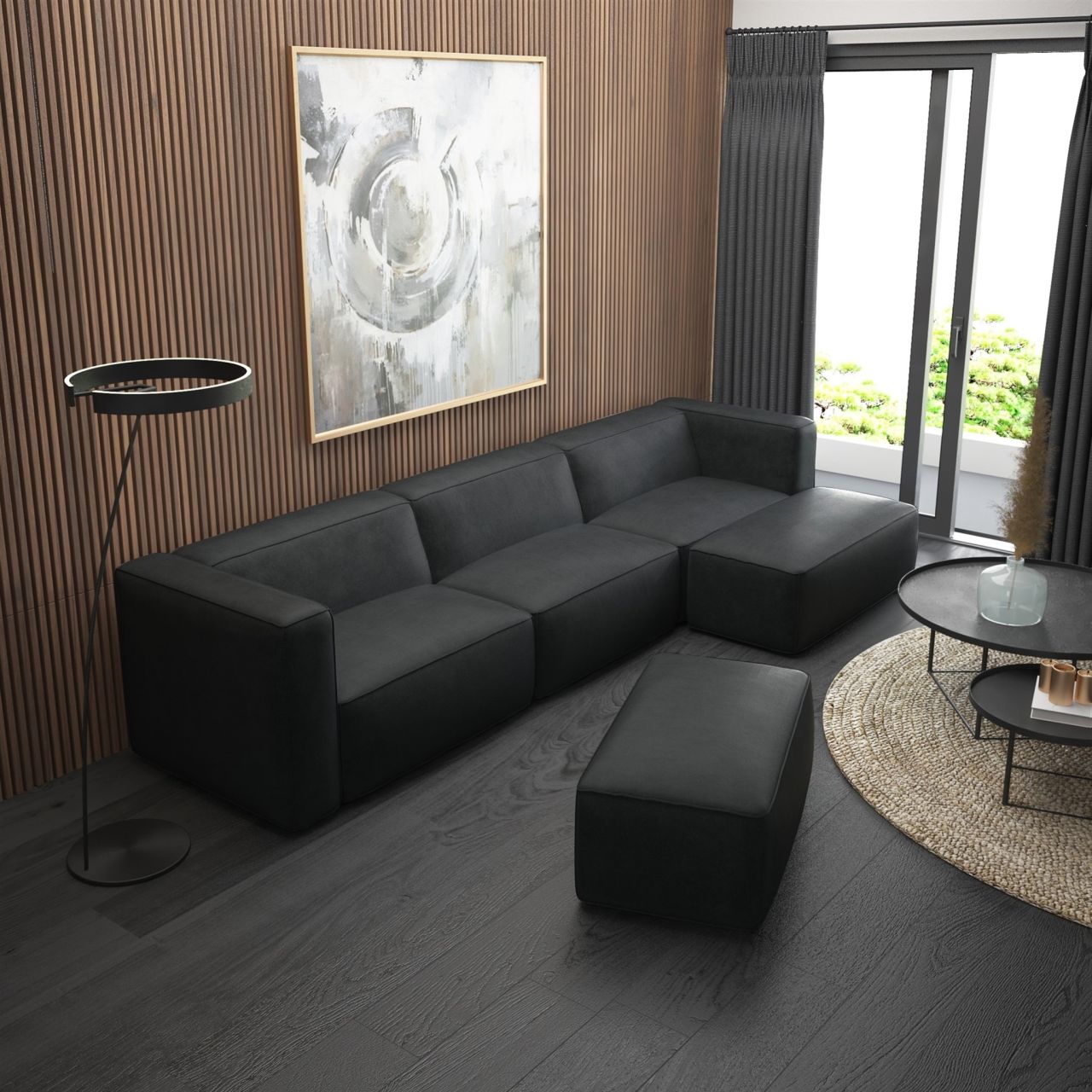 Ecksofa ersofa HELMER inkl. Hocker in Stoff Pola Anthrazit Ottomane Rechts