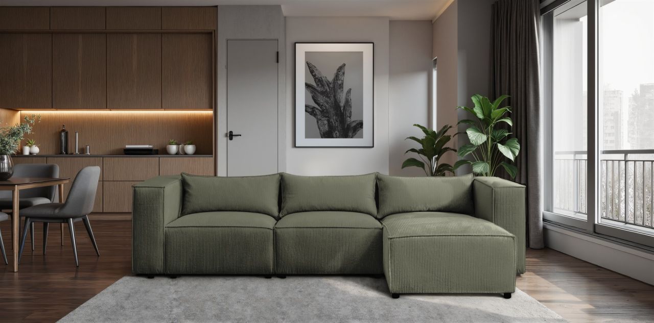 Ecksofa ersofa NEVIO in Stoff Lincoln Moosgrün Ottomane Rechts