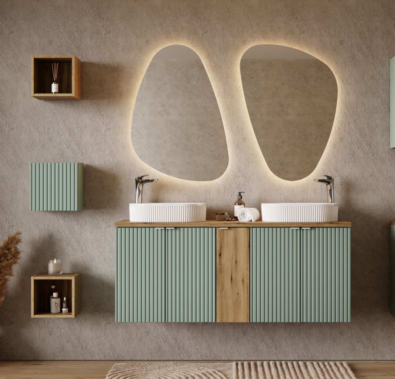 Badmöbel Set 10-tlg Badezimmerset PANTIN Salbeigrün inkl. 2 x Waschtisch