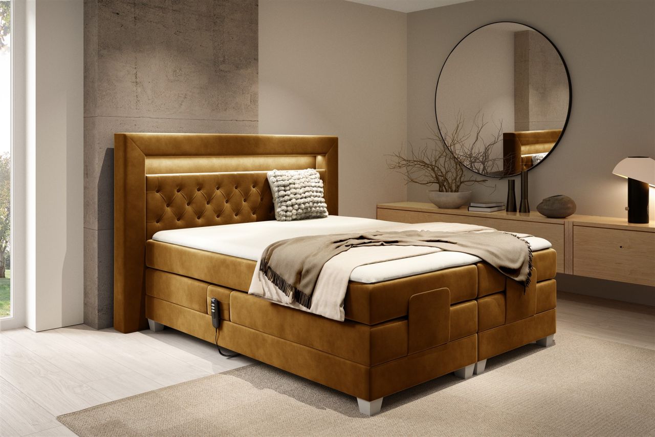 Boxspringbett Elektrisch Bett ARMANDO 160x200cm in Stoff Fresh Senfgelb