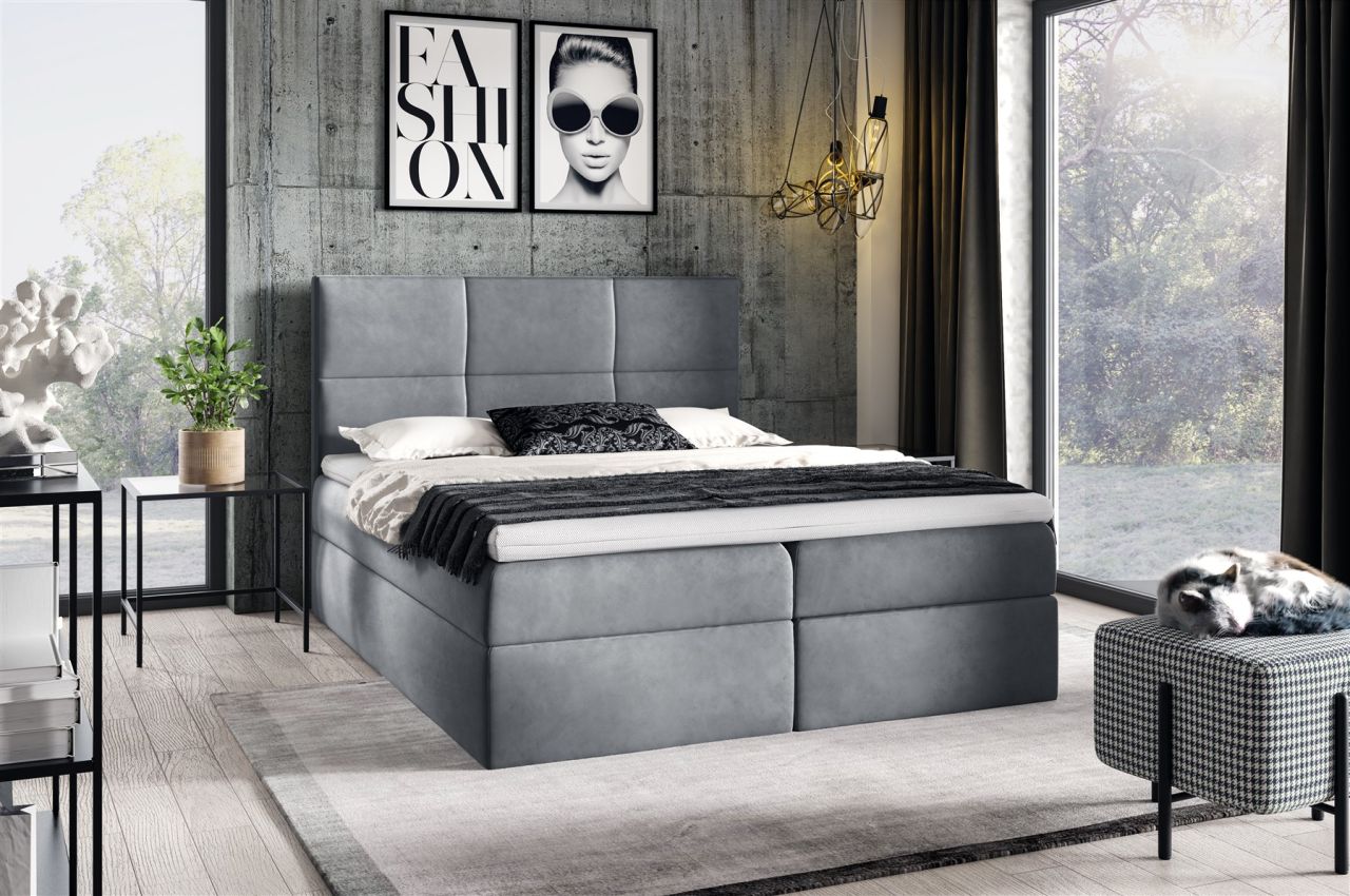 Boxspringbett Schlafzimmerbett HUDSON 140x200cm in Stoff Fresh Grau