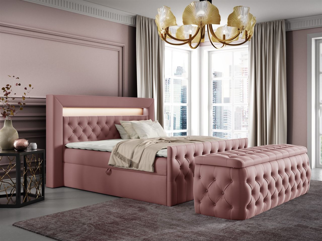 Boxspringbett Schlafzimmerbett ERNESTO Nr.3 160x200cm in Elisa Velvet Altrosa