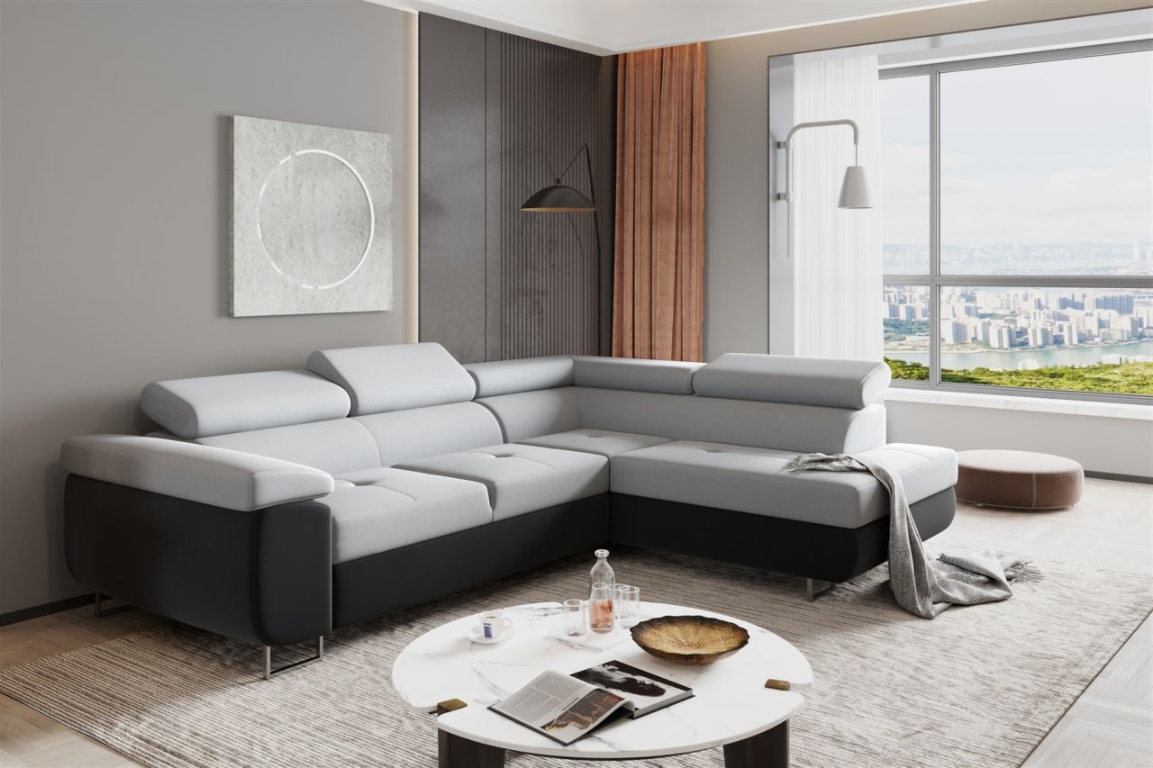 Couchgarnitur JADE Stoff Anthrazit-Hellgrau mit Schlaffunktion Ottomane Rechts