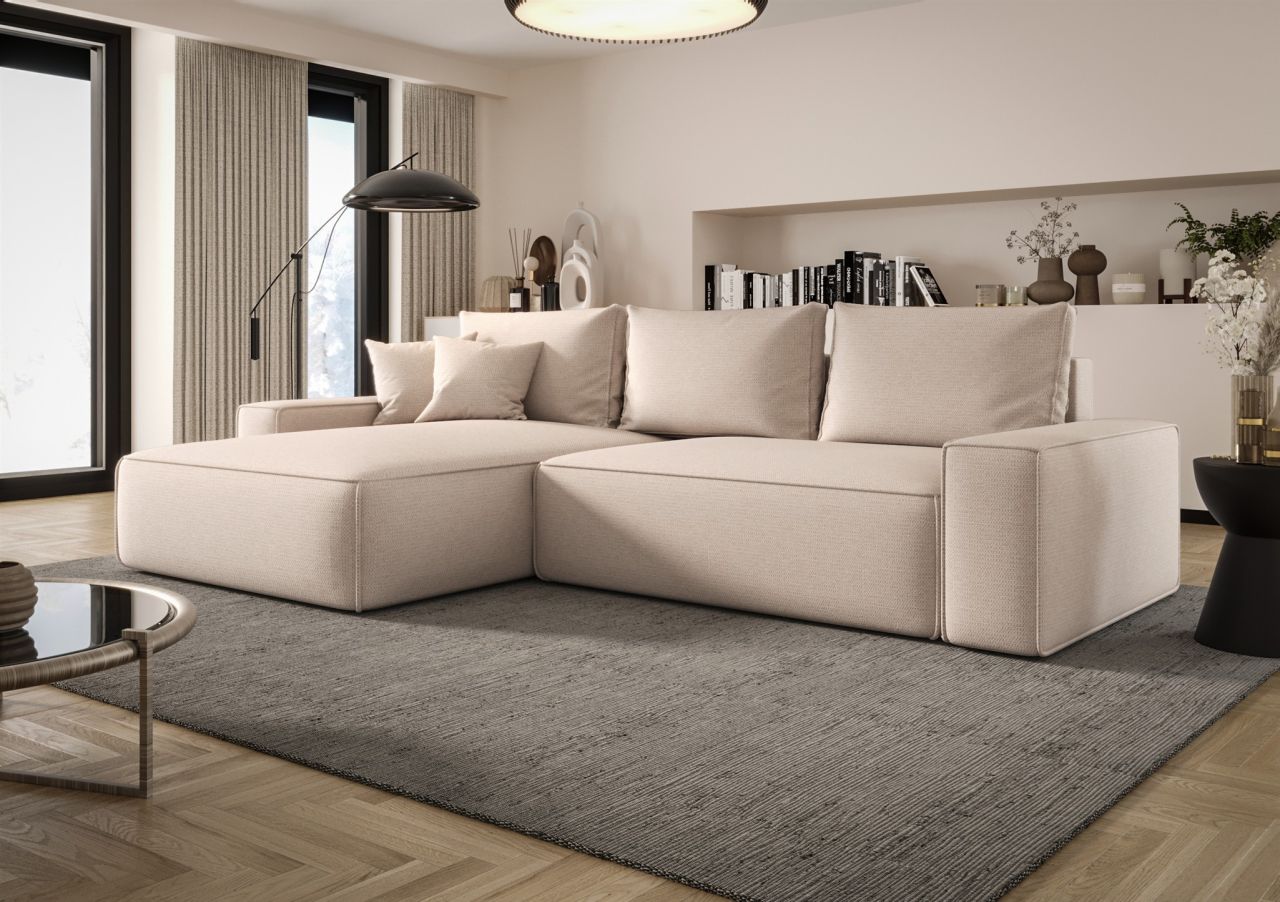 Ecksofa Schlafsofa Sofa WALKEN Stoff Aragon Creme Ottomane Links