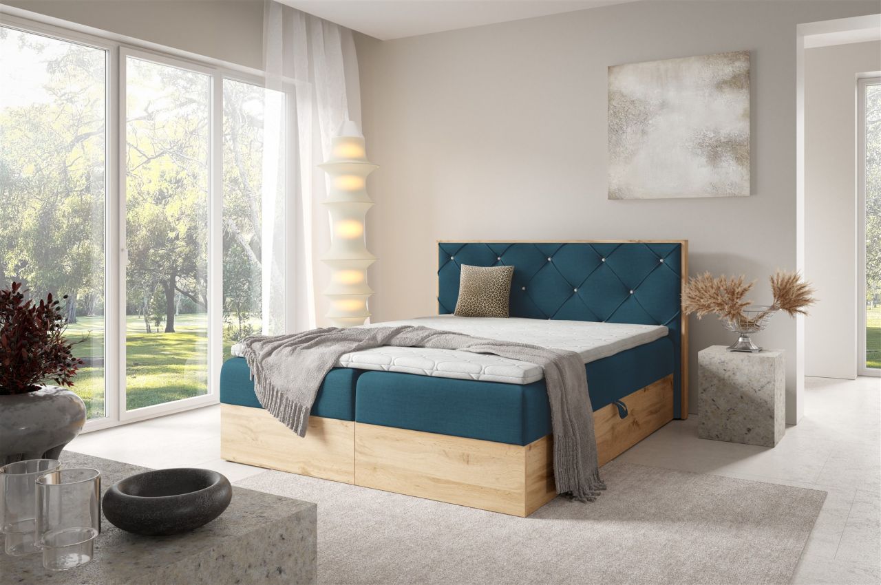 Boxspringbett Schlafzimmerbett HELIOS 120x220cm in Stoff Rouge Dunkelblau