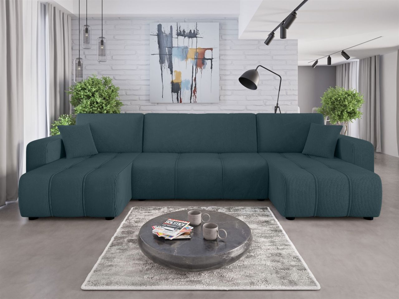 Wohnlandschaft mit Schlaffunktion DAGNY Sofa U-Form in Stoff Poso Meeresgrün