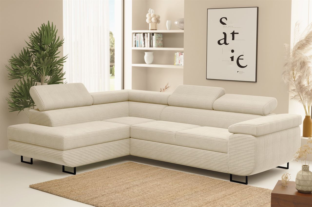 Ecksofa Sofa mit Schlaffunktion METZ Stoff Poso Creme Ottomane Links